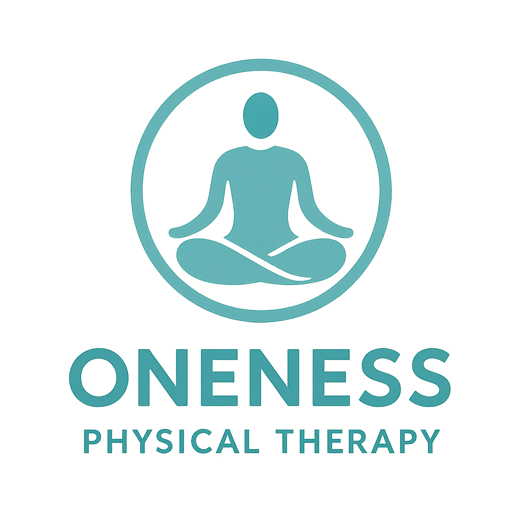 Create a logo for Oneness Physical Therapy that incorporates turqoise and white and colors , None, Blue, Ivory, Playful, Positive, Serene, Tranquil